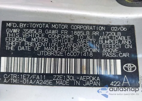 2006 Toyota Corolla Ce from USA, damaged, VIN JTDBR32E160071418